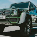 Green luxury SUV parked in an urban area of London, showcasing elegance and automotive design.